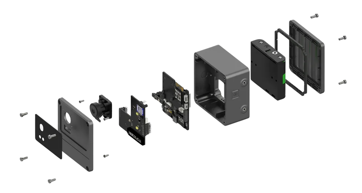 Exploded view of an Optic Node showing lens, AI processor and housing
